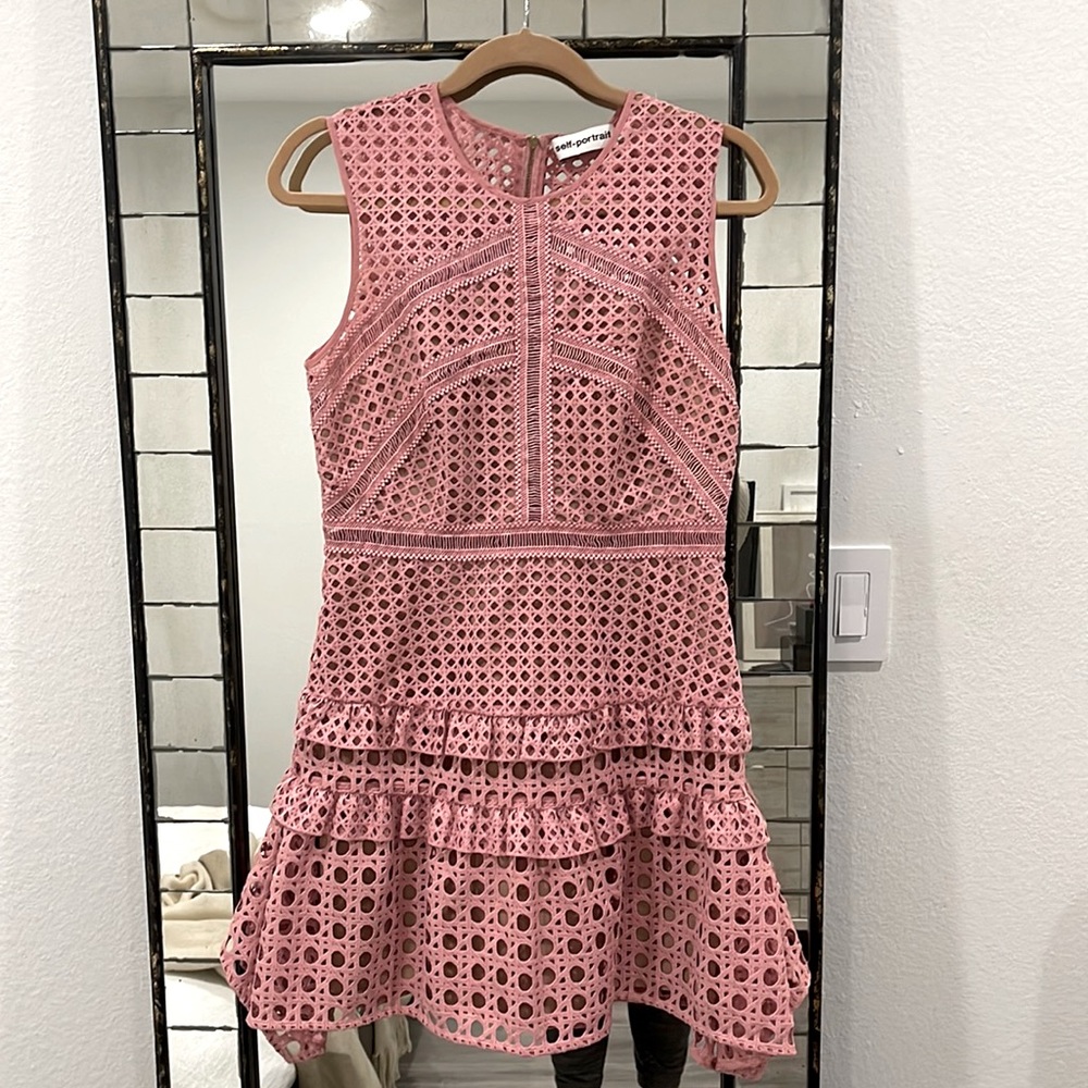 Self-Portrait Crosshatch Frill Mini Dress, Pink